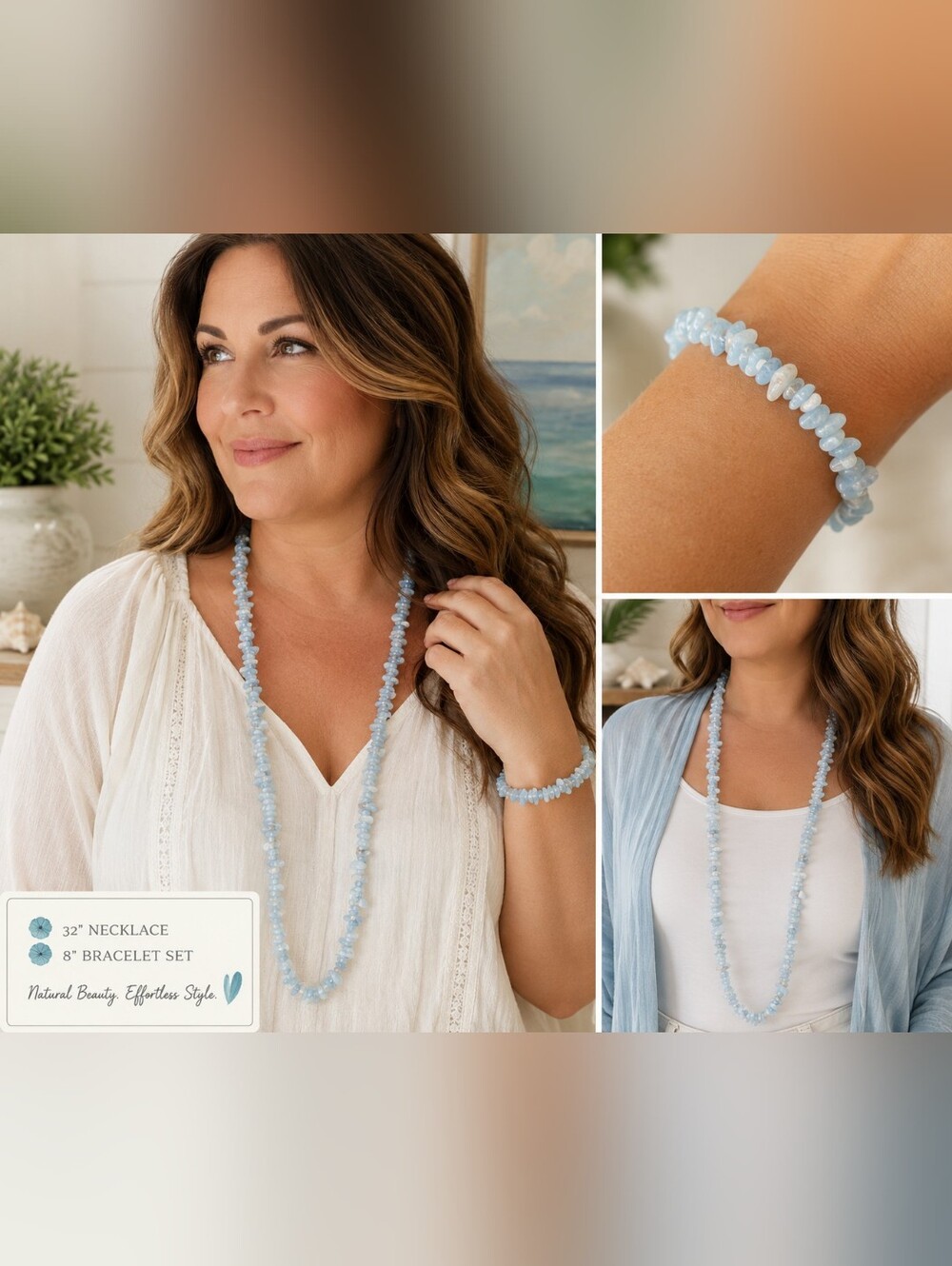 Vintage Gemstone Chip Necklace & Bracelet Set | 32" Necklace | 8" Bracelet